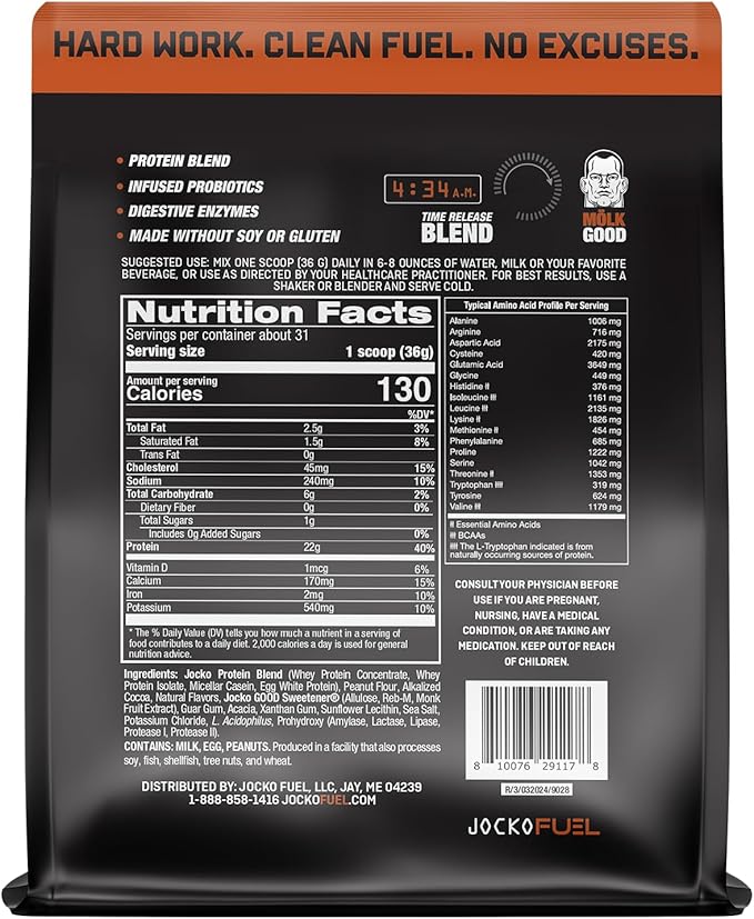 Jocko Fuel Mölk Whey Protein Powder 22g Low Sugar Monk Fruit Blend - Muscle Recovery & Growth, Packaging May Vary (31 Servings, Chocolate Peanut Butter)
