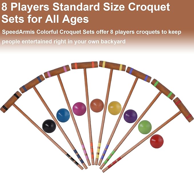 28In Croquet Party Set for 8 Players - Made of Long-Lasting Pine Wood, Family Fun for Backyards, Lawn and More, Comes with Colorful Mallets, PE Balls, Wickets, Stakes, and Carrying Bag