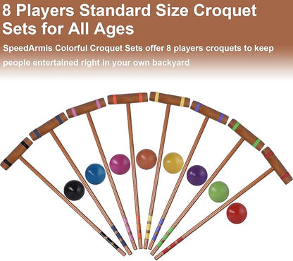 28In Croquet Party Set for 8 Players - Made of Long-Lasting Pine Wood, Family Fun for Backyards, Lawn and More, Comes with Colorful Mallets, PE Balls, Wickets, Stakes, and Carrying Bag
