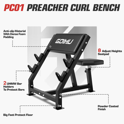 GOIMU PC01 Preacher Curl Bench, Seated Arm Isolated Barbell Dumbbell Bicep Station, Adjustable