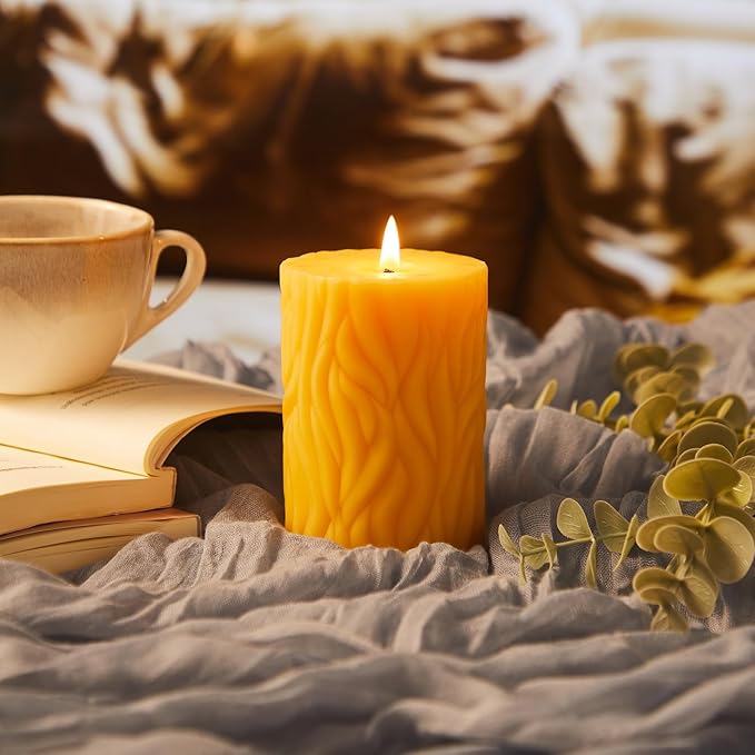 Crenovo Natural Beeswax Pillar Candles 3 Pack, 100% Pure Beeswax Candles Bulk with 180 Hours Burn Time, Organic Bees Wax Candles for Home, Party, Prayer, Non-Toxic Dripless Smokeless 2.8x4 Inch