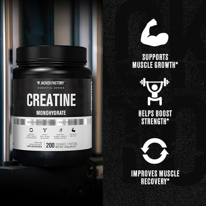 Jacked Factory Creatine Monohydrate Powder 1000g - 5g Daily Creatine Supplement for Men and Women, Vegan-Friendly, Third-Party Tested - 200 Servings, Unflavored