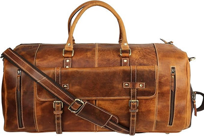 KomalC 24 Inch Leather Duffel Bags for Men and Women Full Grain Leather Travel Overnight Weekend Leather Bags Sports Gym Duffle for Men (Tan with Shoe pocket)