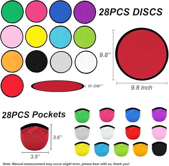 28PCS Foldable Flying Disc Fans with Bags, 9.8'' DIY Handheld Black Egde Fabric Folding Fan for Outdoor Game Activities Birthday Party Favors Gifts, 14 Colors