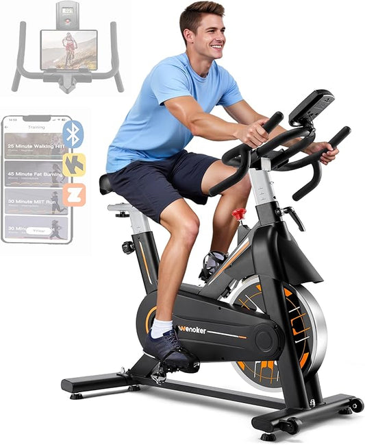 Exercise Bike, Wenoker Stationary Bike for Home, App Supported Indoor Bike with Silent Belt Drive, Heavy Flywheel, Multi-grips Handlebar and Upgraded Digital Display