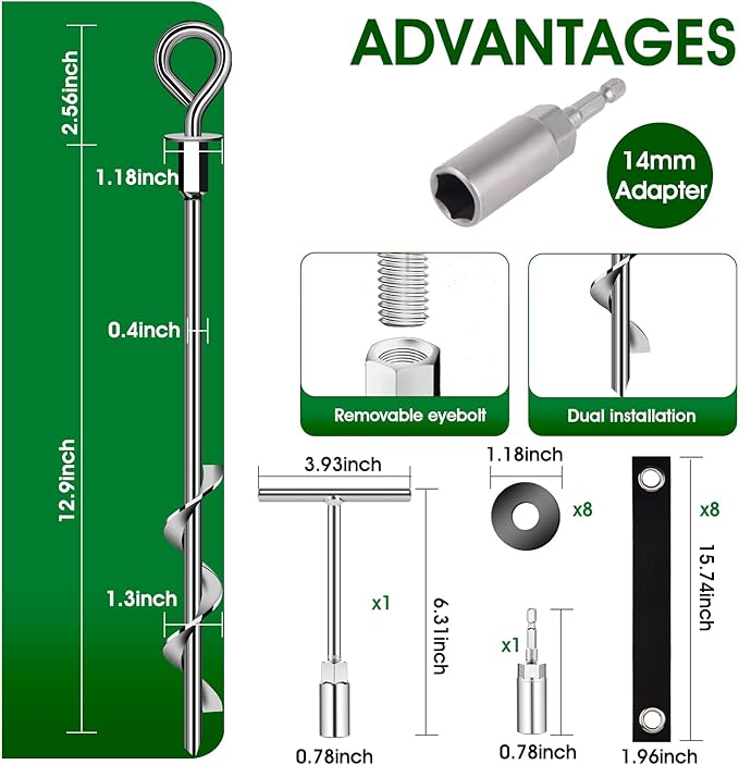Trampoline Anchors Set of 8 - Heavy Duty Trampoline Stakes - Ground Anchors Resistant High Wind - Ground Stakes Heavy Duty with Straps(Silver-8x15)