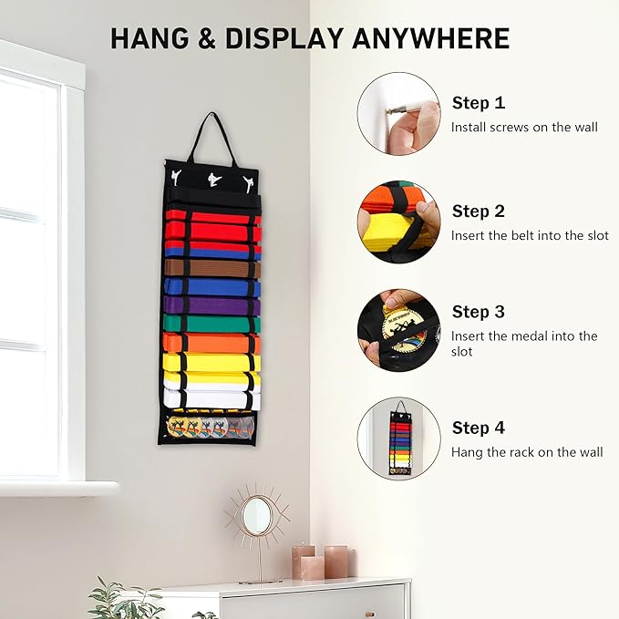 12 Belts Karate Belt Display Rack with PVC Medal Storage, Felt Taekwondo Belt Display Holder, Felt Martial Arts Belt Rack Present for Martial Art Learner & Students (Stud Included)
