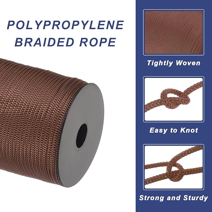 MECCANIXITY 5/32 Inch Polypropylene Rope Braided Ropes, 328ft Camping Rope Hollow Utility Cord for Clothesline, Hiking, Outdoor, Dark Brown