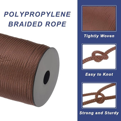 MECCANIXITY 5/32 Inch Polypropylene Rope Braided Ropes, 328ft Camping Rope Hollow Utility Cord for Clothesline, Hiking, Outdoor, Dark Brown