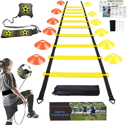 Soccer Speed Agility Training Set - 20FT Agility Ladder 12/16 Sports Cones and Soccer Kick Trainer Football Training Equipment Footwork Drills for Youth and Adults