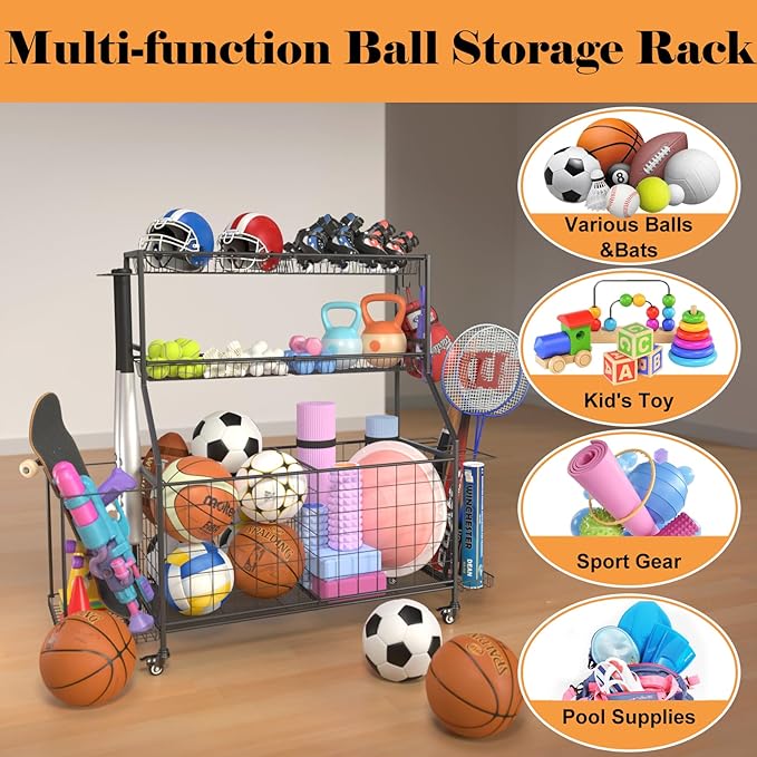 Sports Equipment Organizer, Garage Ball Storage Racks - Outdoor Toy Storage with 2 Side Racks & Removable Baskets, Heavy-Duty Garage Rolling Ball Cart with Wheels, Hooks for Sports Gear, Toys