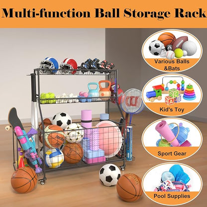 Sports Equipment Organizer, Garage Ball Storage Racks - Outdoor Toy Storage with 2 Side Racks & Removable Baskets, Heavy-Duty Garage Rolling Ball Cart with Wheels, Hooks for Sports Gear, Toys