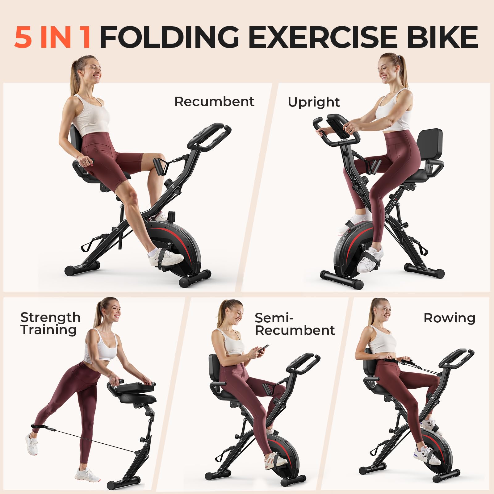 Pleny Folding Exercise Bike, 5 IN 1 Stationary Bikes for Home 6.6 LBS Flywheel, 330LB Weight