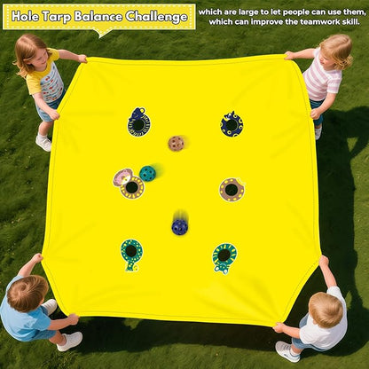 4-in-1 Outdoor Kids Party Games Set – Includes Hole Tarp Ball Game, Egg Spoon Race Game, 3 Legged Race Bands & Tail Tag Belts – Fun Team Building Backyard Carnival Birthday Games for Ages 5-12