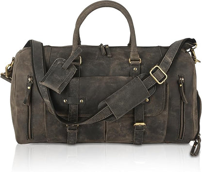 KomalC 24 Inch Leather Duffel Bags for Men and Women Full Grain Leather Travel Overnight Weekend Leather Bags Sports Gym Duffle for Men (Charcoal Black With Shoe Pocket)