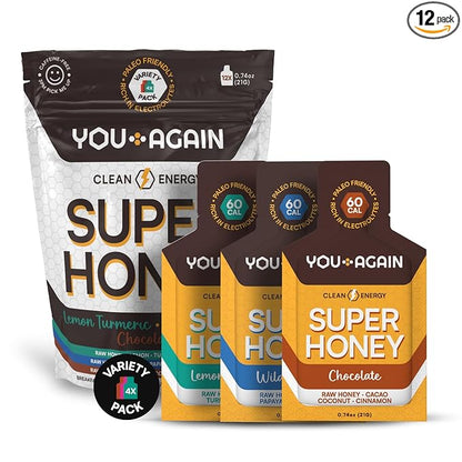 You Again Super Honey Packets - Variety | Workout Clean Energy Gel | Cycling, Endurance, Running Gel or Energy Snack | Paleo & Carnivore Snack | Gluten-Free | Made in USA | 12 Count