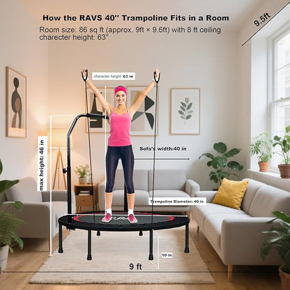 RAVS Mini Trampoline for Kids Adults 40"/48" Foldable Fitness Rebounder Kids Trampoline with 5 Levels Height Adjustable Handle Resistance Bands Indoor Workout