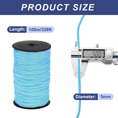 MECCANIXITY 3/16 Inch Polypropylene Rope Braided Ropes, 328ft Nylon Rope Hollow Utility Cord for Clothesline, Camping, Hiking, Outdoor, Sky Blue