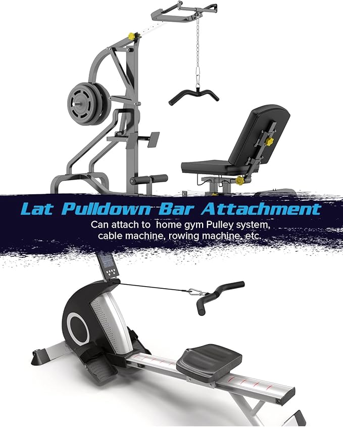 LAT Pulldown Attachments, Black Steel LAT Bar Cable Attachments Handles, Home Gym Cable Machine Accessories, Tricep Rope, Rowing LAT Pull Down Bar, Straight Bar, Double D Handles, Exercise Handles