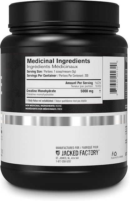 Jacked Factory Creatine Monohydrate Powder 1000g - 5g Daily Creatine Supplement for Men and Women, Vegan-Friendly, Third-Party Tested - 200 Servings, Unflavored