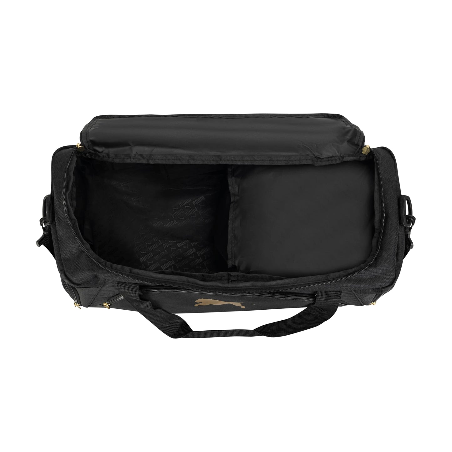 PUMA Accelerator Duffel Bag with Removable Strap & Shoe Pocket, Black/Gold, One Size