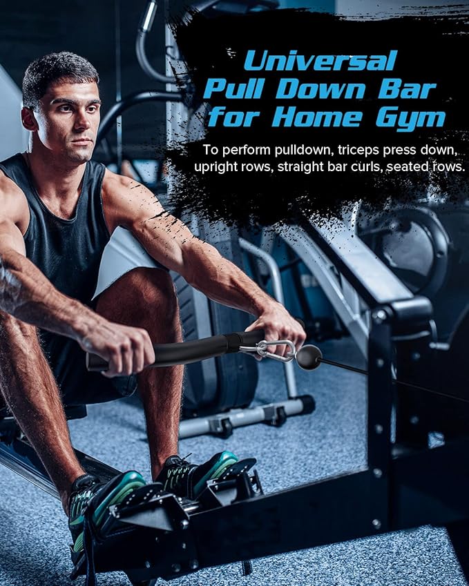 LAT Pulldown Attachments, Black Steel LAT Bar Cable Attachments Handles, Home Gym Cable Machine Accessories, Tricep Rope, Rowing LAT Pull Down Bar, Straight Bar, Double D Handles, Exercise Handles