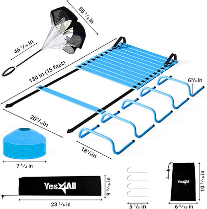 Yes4All Agility Ladder Speed Training Equipment Set - 1 Adjustable Agility Ladder, 12 Soccer Cones, 5 Hurdles, Jump Rope, Running Parachute - Speed & Agility Training Equipment for All Ages