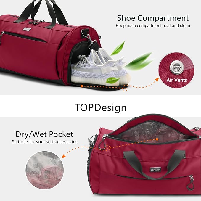 TOPDesign Gym Bag for Women & Men, Unisex Duffel Bag with Shoe Compartment & Wet Pocket for Travel Sports Gym (L Red)