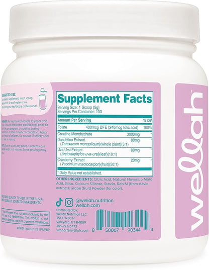 Wellah Pump-It-Up Creatine (100 Servings, Blueberry Pomegranate) - Creatine Monohydrate with Dandelion, Uva Ursi, & Cranberry Extract