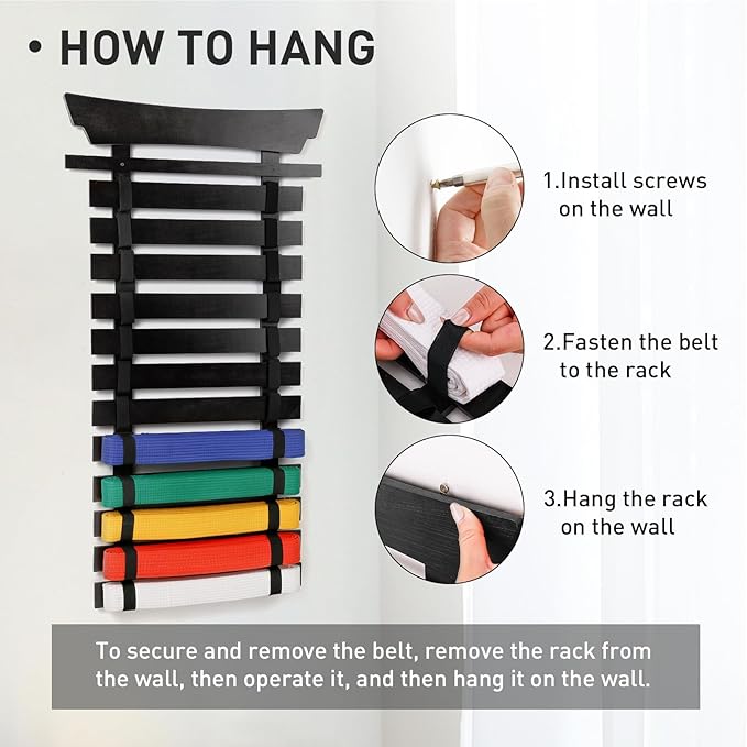 12 Belts Karate Belt Display Rack with Stickers, Martial Arts Belt Display Holder, Taekwondo Belt Jiu Jitsu Belt BJJ Belt Display Hanging Holder for Adults