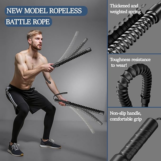Ropeless Battle Ropes for Exercise Workout, Cordless Jump Rope, Portable Workout for Home Gym, Exercise Battle Ropes for HIIT Workouts, Low-Impact Cardio Training (2 Ropes)