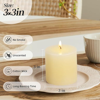 KONNI Ivory Pillar Candles Set of 3, 3"x 3" Unscented Pillar Candles Bulk, 30 Hours Long Burning Candles, Smokeless&Dripless Large Round Candle for Wedding, Home Decoration, Parties, Spas, Dinner