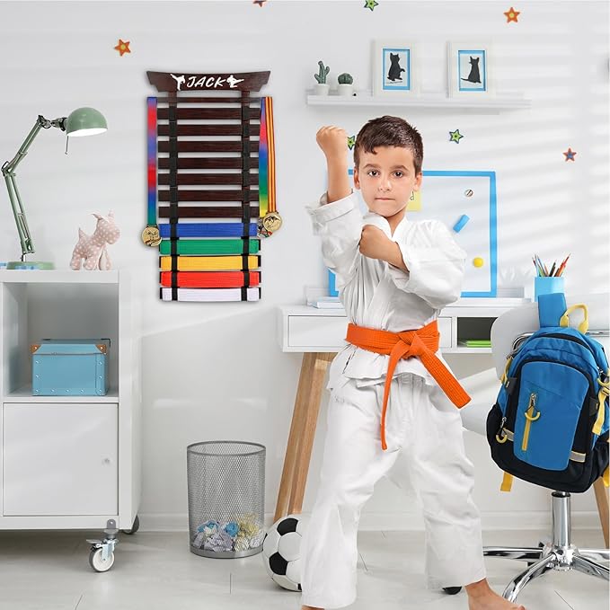 12 Belts Karate Belt Display Rack with Stickers, Martial Arts Belt Display Holder, Taekwondo Belt Jiu Jitsu Belt BJJ Belt Display Hanging Holder for Adults