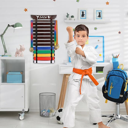 12 Belts Karate Belt Display Rack with Stickers, Martial Arts Belt Display Holder, Taekwondo Belt Jiu Jitsu Belt BJJ Belt Display Hanging Holder for Adults