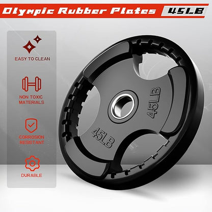 RitFit Olympic Rubber Grip Plates for Barbell, 2-Inch Weight Plates for Weightlifting and Strength Training in Home & Gym, Single, Pair and Sets(2.5/5/10/25/35/45 LB)