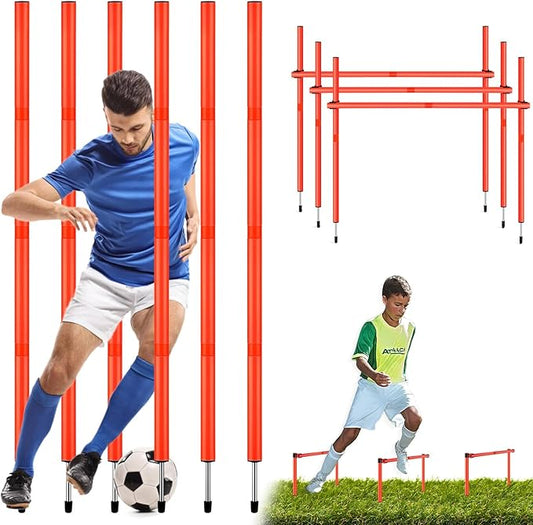 TOBWOLF 6PCS 6FT Adjustable Soccer Agility Training Poles, Detachable Sports Training Speed Sticks, Slalom Training Agility Pole Set, Outdoor Speed & Agility Turf Training Poles for Soccer Drills