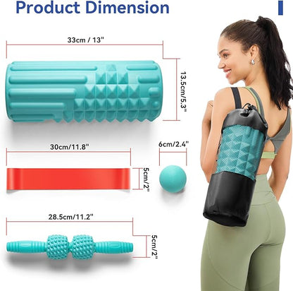 5 in 1 Foam Roller Set - Back Roller Foam, Massage Roller Stick, Massage Ball, Resistance Band for Physical Therapy & Deep Tissue Muscle Massage (Green)