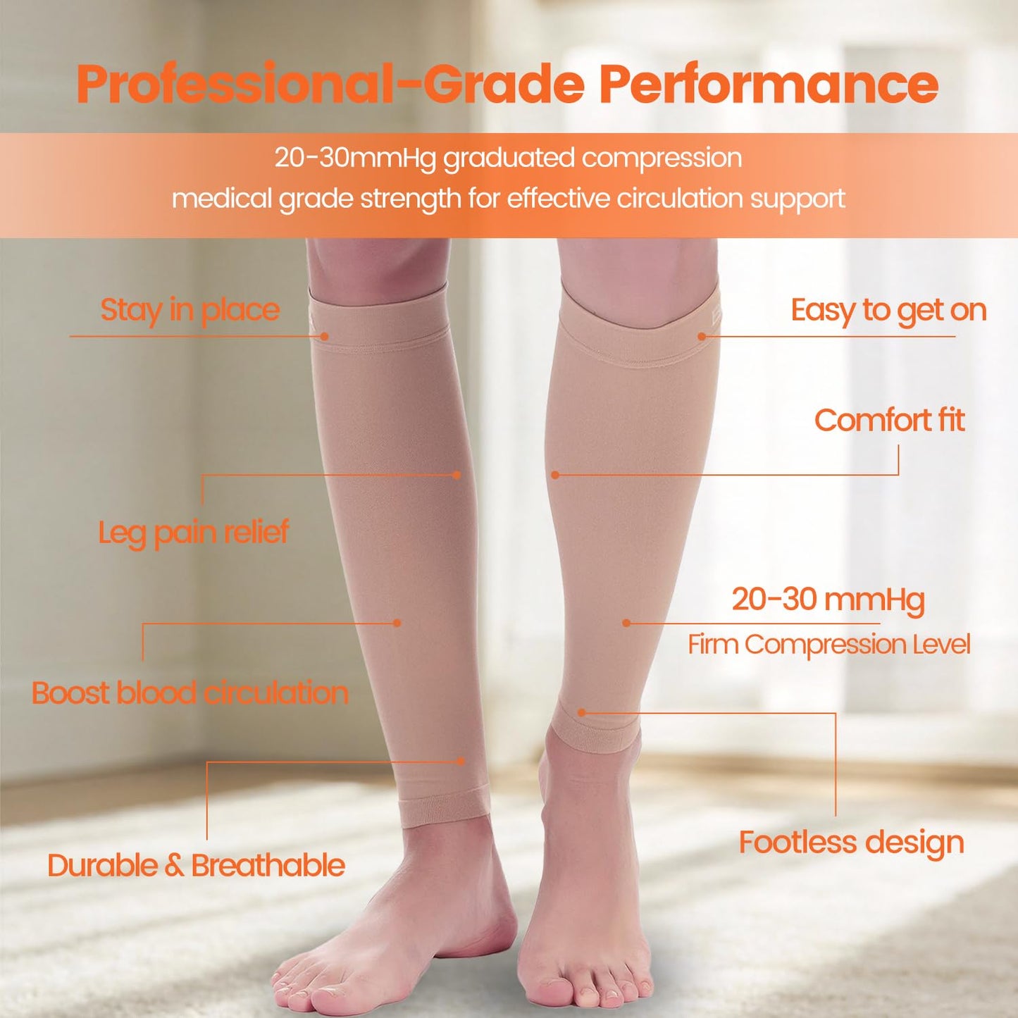 BSERA Calf Compression Sleeve Women, 2 Pairs 20-30mmHg Footless Compression Socks Stockings for