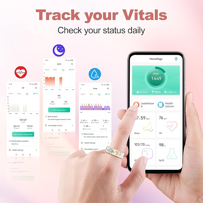 Advanced Smart Health Ring for Men & Women - IP68 Waterproof Health Tracker Ring with Heart Rate, Step Counting, Sleep Monitoring, No Subscription Fee for iPhone/Android, Enamel Rose Gold 8#