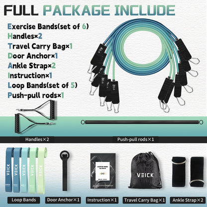 VEICK Pilates Bar Kit with Resistance Bands, Elastic Workout Bands for Men and Women, Set of 5