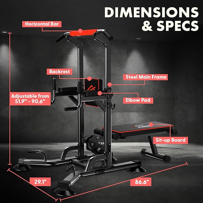 SQUATZ Pull-Up Workout Station with Bench - Multifunctional Gym Equipment Setup w/Pulling Bar, Sit-Up Board, Backrest, Elbow Pad, & Steel Main Frame, Great for Home Exercise and Weight Training