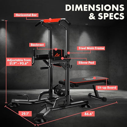 SQUATZ Pull-Up Workout Station with Bench - Multifunctional Gym Equipment Setup w/Pulling Bar, Sit-Up Board, Backrest, Elbow Pad, & Steel Main Frame, Great for Home Exercise and Weight Training