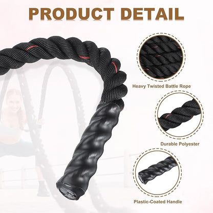 MECCANIXITY Battle Rope 10ft x 2 Inch Polyester Workout Rope Heavy Fitness Exercise Rope for Strength Training Home Gym Muscle Building, Black Red