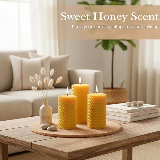 3x6 Rolled Beeswax Candles, 2 Packs, Handcrafted Honeycomb Beeswax Pillar Candles, Natural Pure Bees Wax Candle Farm Gifts for Home Decor, Candle Lovers, Air Purify