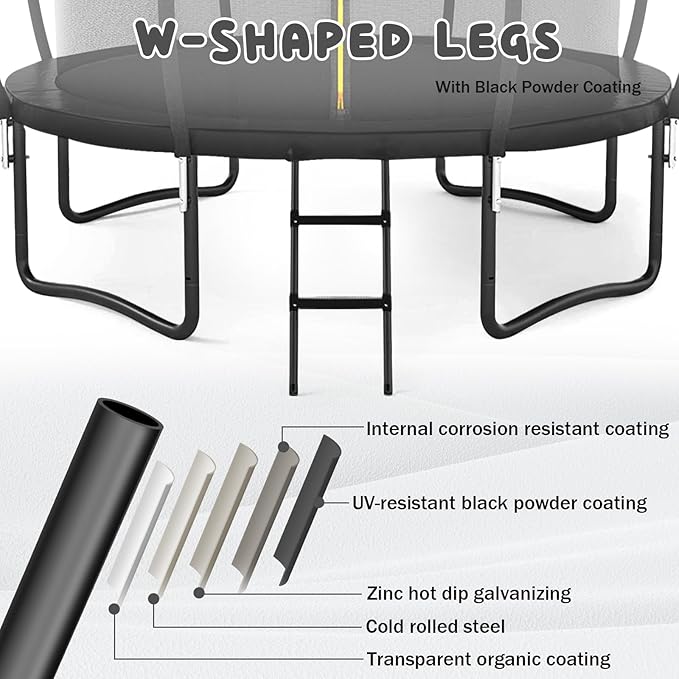 Trampoline 12FT 14FT 15FT 16FT for Kids/Adults - Outdoor Recreational with Enclosure Net Curved Poles and Ladder, Heavy Duty Anti-Rust Coating, ASTM Approval