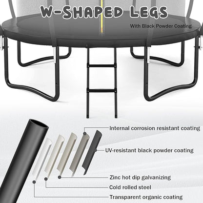 Trampoline 12FT 14FT 15FT 16FT for Kids/Adults - Outdoor Recreational with Enclosure Net Curved Poles and Ladder, Heavy Duty Anti-Rust Coating, ASTM Approval