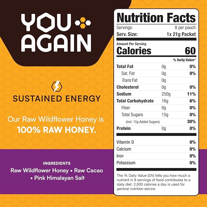 You Again Super Honey Clean Energy Gel, Himalayan Salted Cacao | Electrolyte Replenishment Running Fuel | Endurance Workouts & Cycling Gel | Paleo & Carnivore Snack | Gluten-Free | USA Made | 8-Pack