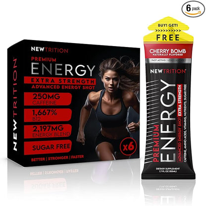NewTrition® Extra Strength Energy Shots, 250mg Caffeine Energy Shots with Vitamin B & Amino Acids, Sugar-Free Vitamin Energy Shot, 1.7 fl oz (Pack of 6, Cherry Bomb)