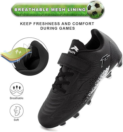 RUNIC Kids Soccer Cleats for Boys and Girls - Small and Big Kid Athletic Outdoor Football Shoes - Firm Ground - Hook and Loop Closure - Black/Gold