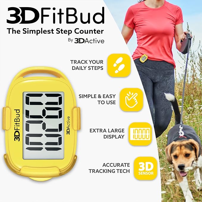 3DFitBud Simple Step Counter Walking 3D Pedometer from 3DActive with Clip & Lanyard - A420S